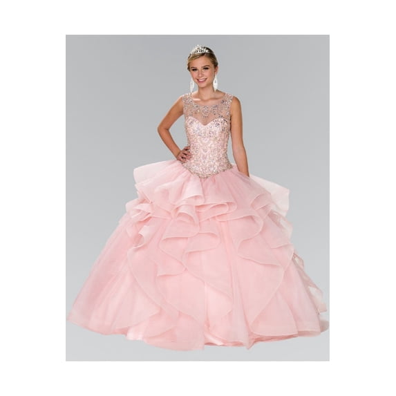 Women's Elizabeth K Beaded Illusion Ballgown With Bolero Gl2378 Blush Pink Size L