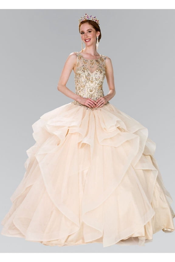 Women's Elizabeth K Beaded Illusion Ballgown With Bolero Gl2378 Champagne Goldish Beige Size S