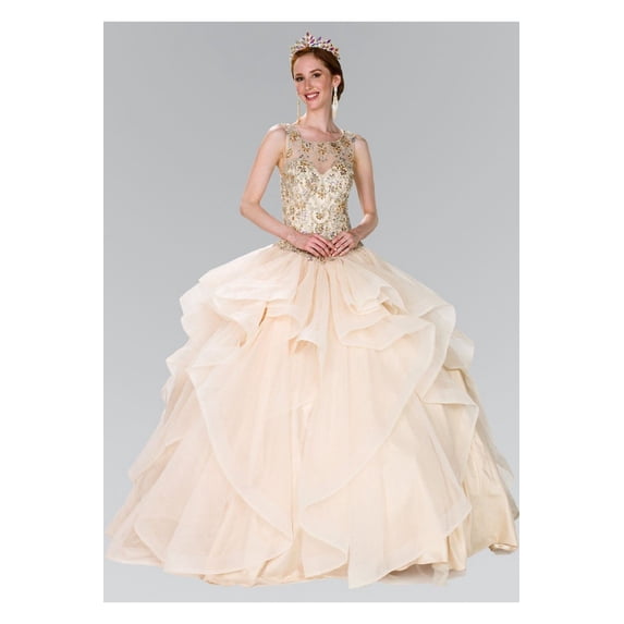 Women's Elizabeth K Beaded Illusion Ballgown With Bolero Gl2378 Champagne Goldish Beige Size XS