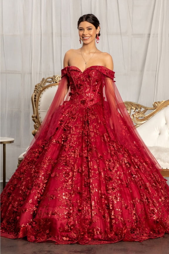Women's Elizabeth K Cape Sleeve Ball Gown Off the Shoulder Quinceanera Dress Gl1970 Burgundy Size 2XL