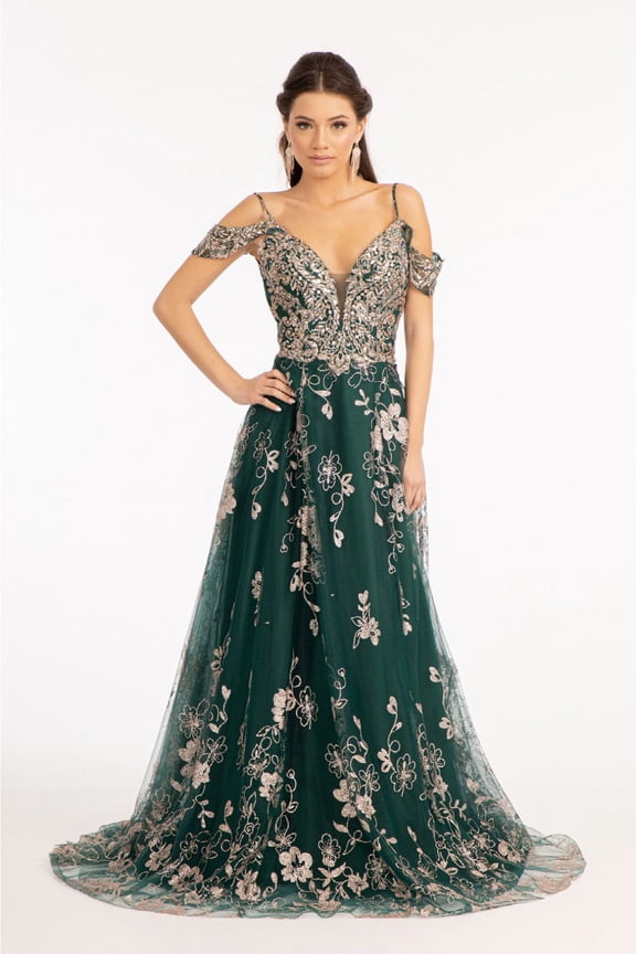 Women's Elizabeth K Embellished Cold Shoulder Gown Gl3070 Emerald Green Size L