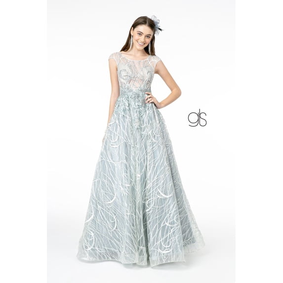 Women's Elizabeth K Embroidered Cap Sleeve Gown Gl2890 Silver Size 2XL