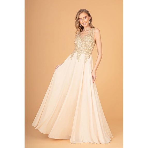 Women's Elizabeth K Embroidered Chiffon Dress Gl2311 Champagne Goldish Beige Size XL