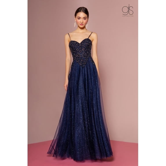 Women's Elizabeth K Embroidered Glitter A-line Gown Gl2694 Navy Blue Size XL