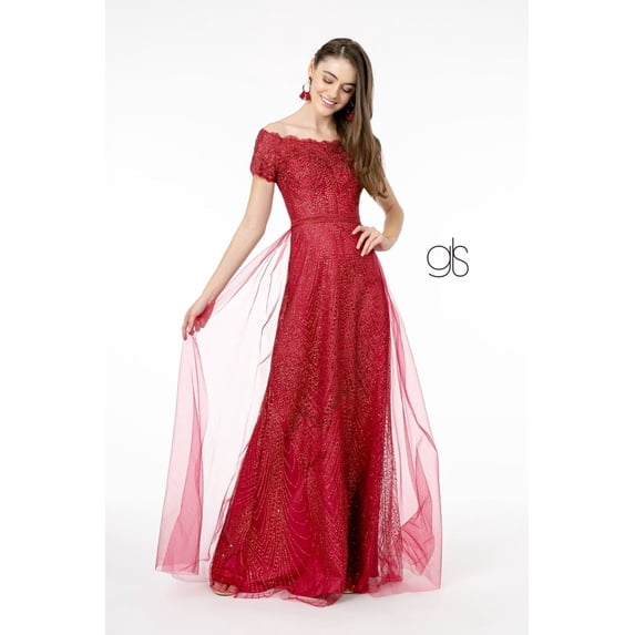 Women's Elizabeth K Embroidered Off Shoulder Glitter Gown Gl2942 Burgundy Size 4XL