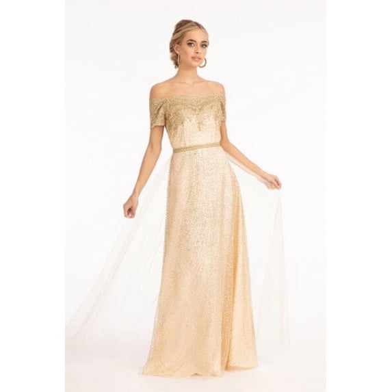 Women's Elizabeth K Embroidered Off Shoulder Glitter Gown Gl2942 Champagne Goldish Beige Size L