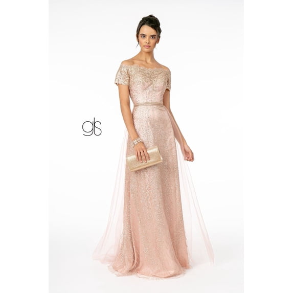 Women's Elizabeth K Embroidered Off Shoulder Glitter Gown Gl2942 Rose Pink Gold Size 2XL