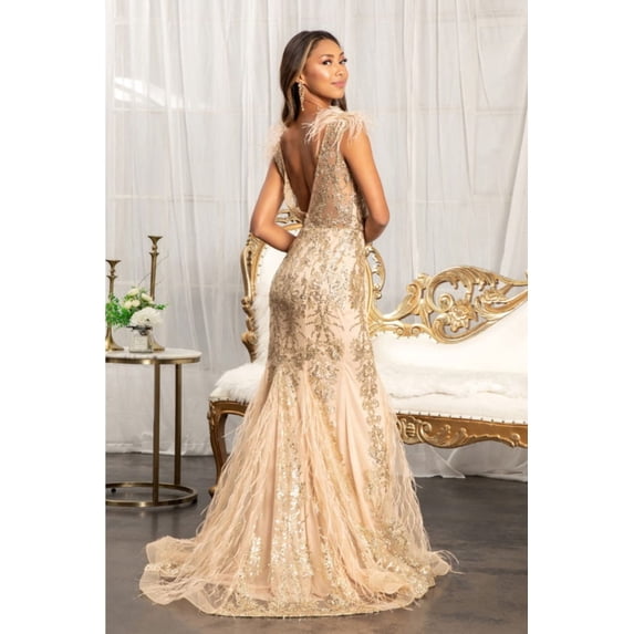 Women's Elizabeth K Feather Glitter Mermaid Dress Gl1983 Gold Size XL