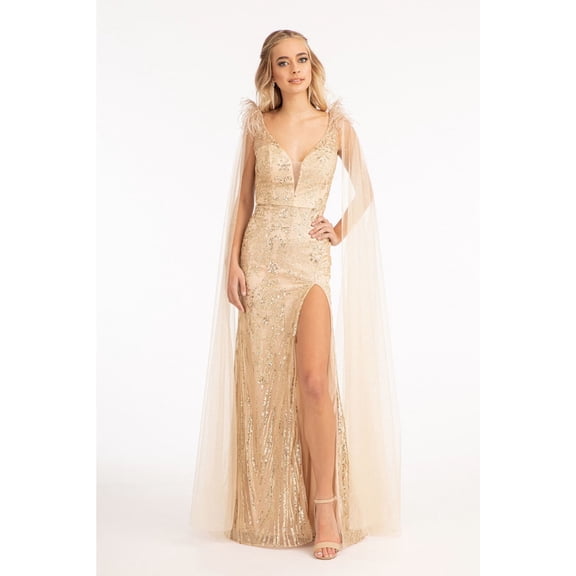 Women's Elizabeth K Fitted Bodycon Glitter Cape Sleeve Gown Gl3047 Champagne Goldish Beige Size 3XL