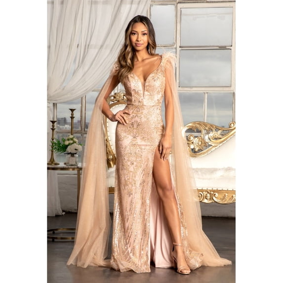 Women's Elizabeth K Fitted Bodycon Glitter Cape Sleeve Gown Gl3047 Rose Pink Gold Size XL