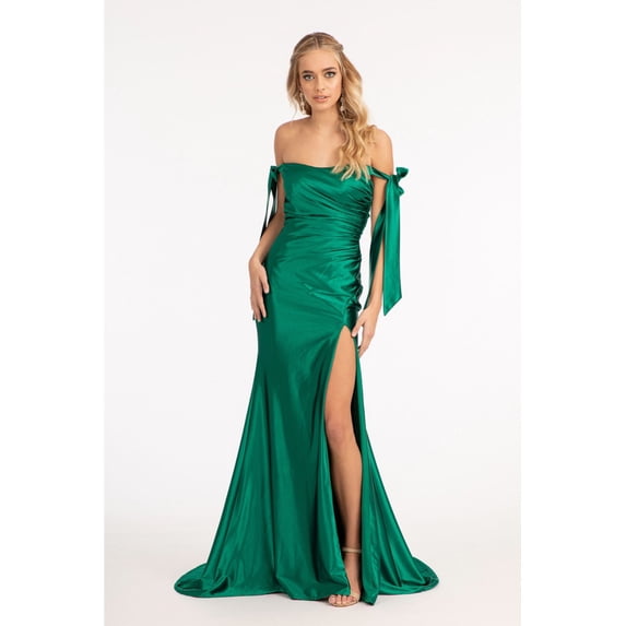 Women's Elizabeth K Fitted Bodycon Off Shoulder Satin Gown Gl3059 Emerald Green Size M