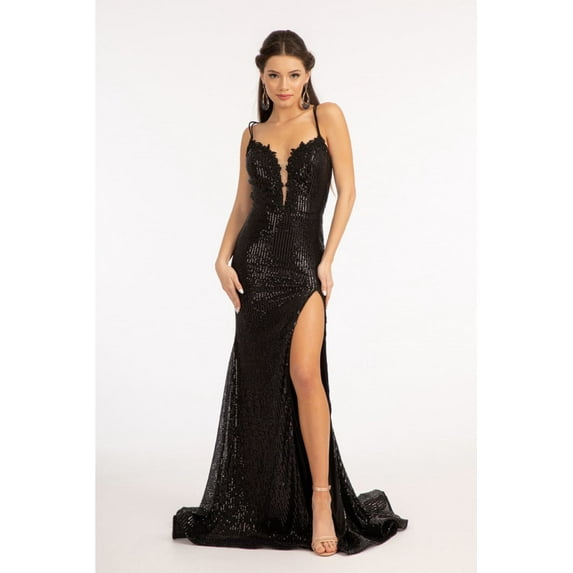 Women's Elizabeth K Fitted Bodycon Sequin Slit Gown Gl3050 Black Size M