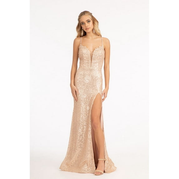 Women's Elizabeth K Fitted Bodycon Sequin Slit Gown Gl3050 Rose Pink Gold Size XS