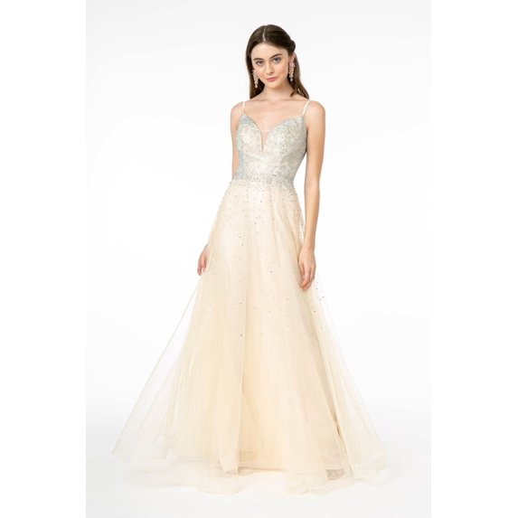 Women's Elizabeth K Formal Dress Champagne Goldish Beige Mesh Gl2891 Size L