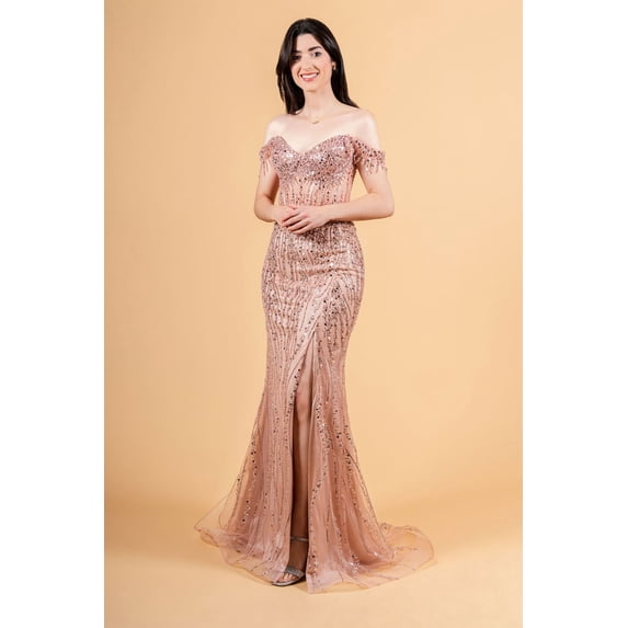 Women's Elizabeth K Fringe Off Shoulder Gown Gl3620 Rose Pink Gold Size XL