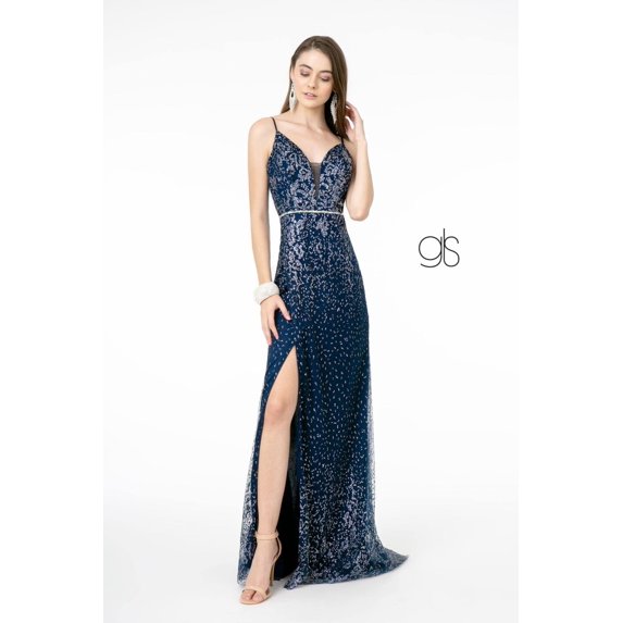 Women's Elizabeth K Glitter Mesh V Neck Gown Gl1844 Navy Blue Size L