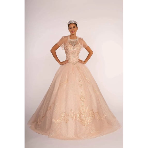 Women's Elizabeth K Illusion Sweetheart Glitter Ball Gown Gl2600 Blush Pink Size XL