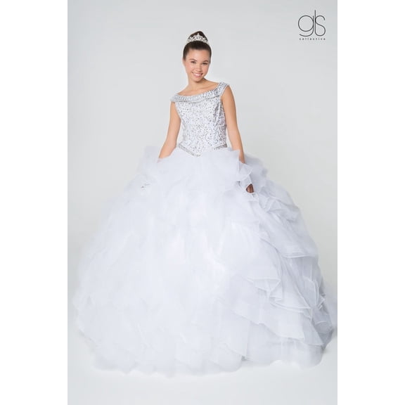 Women's Elizabeth K Jeweled Cap Sleeve Ball Gown Gl1600 White Size S