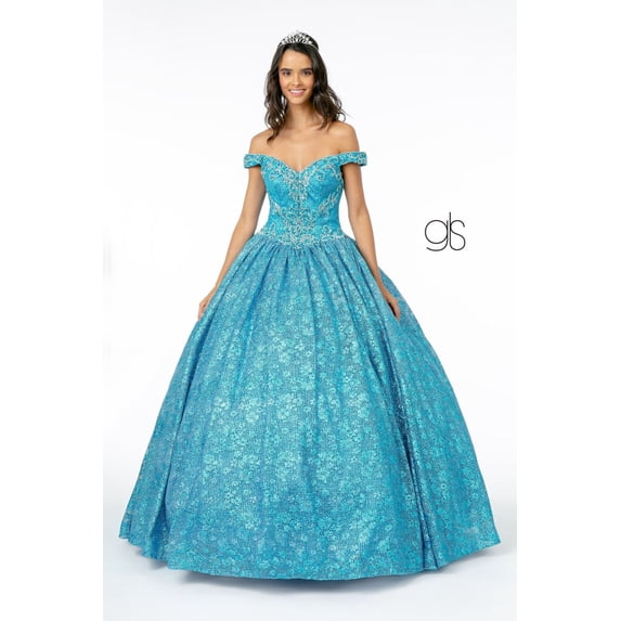 Women's Elizabeth K Jeweled Off the Shoulder Ball Gown Gl1821 Turquoise Size L