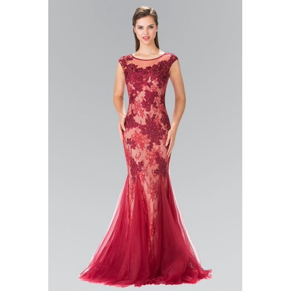 Women's Elizabeth K Long Beaded Lace Mermaid Dress Gl2276 Burgundy Size S