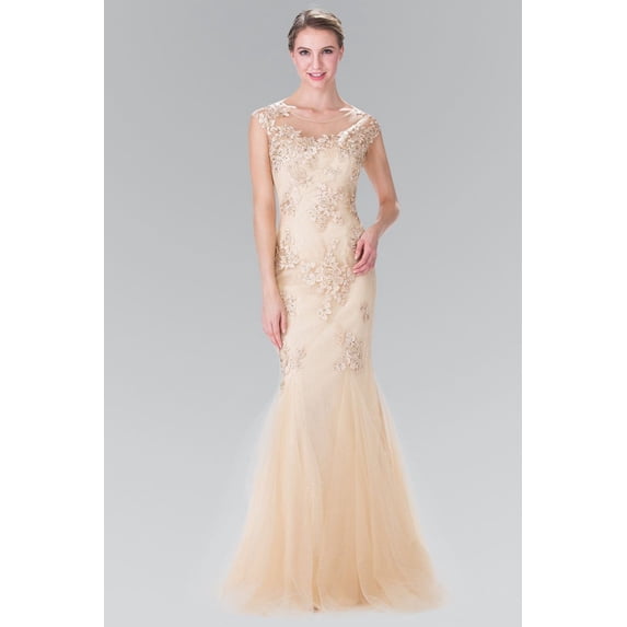 Women's Elizabeth K Long Beaded Lace Mermaid Dress Gl2276 Champagne Goldish Beige Size XS