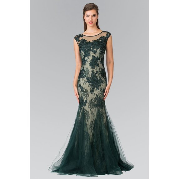 Women's Elizabeth K Long Beaded Lace Mermaid Dress Gl2276 Green Size M