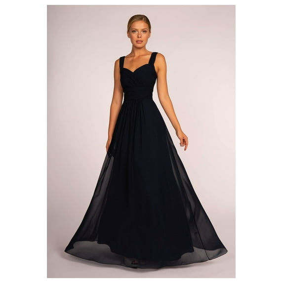 Women's Elizabeth K Long Chiffon Ruched Dress Gl2608 Navy Blue Size XS