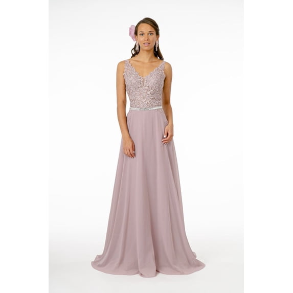 Women's Elizabeth K Long Illusion V Neck Dress Gl2653 Mauve Size L