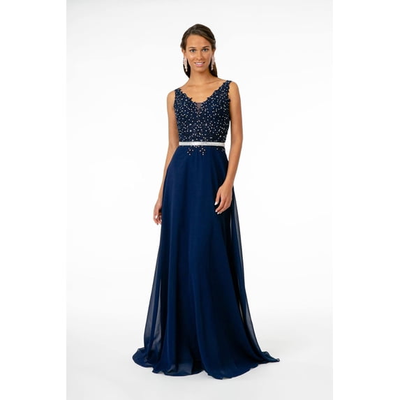 Women's Elizabeth K Long Illusion V Neck Dress Gl2653 Navy Blue Size XL