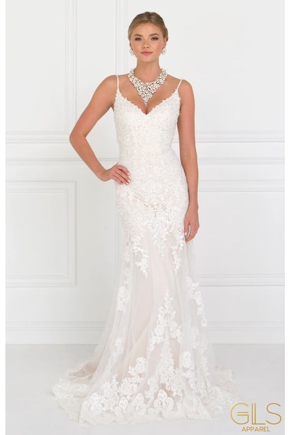 Women's Elizabeth K Long Lace Ivory V Neck Dress Gl1515 And Champagne Goldish Beige Size XL Ivory/champagne