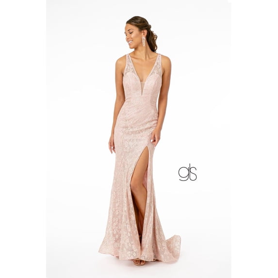 Women's Elizabeth K Metallic Lace Mermaid Dress Gl2898 Rose Pink Gold Size M