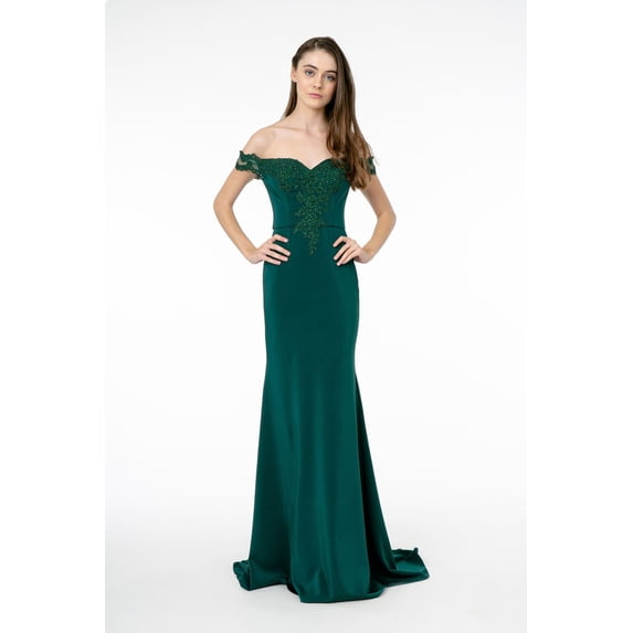 Women's Elizabeth K Off Shoulder Formal Gown Gl2958 Teal Size L