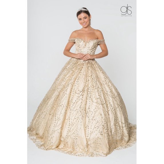 Women's Elizabeth K Off Shoulder Glitter Ball Gown Gl2831 Champagne Goldish Beige Size XS