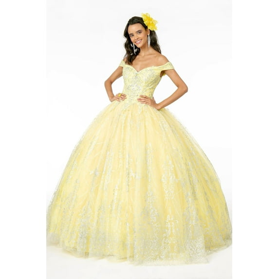 Women's Elizabeth K Off Shoulder Glitter Gown Gl2910 Yellow Size M
