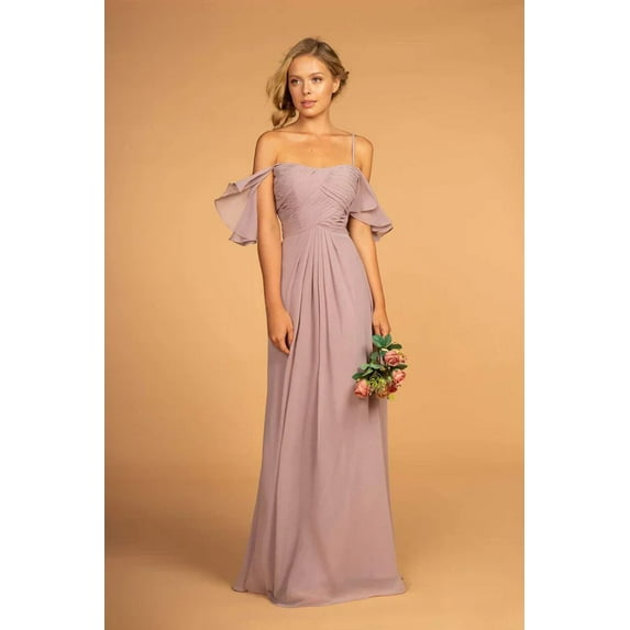 Women's Elizabeth K Pleated Long Cold Shoulder Chiffon Dress Gl2615 Mauve Size XL