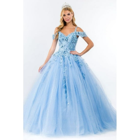 Women's Elizabeth K Sequin Cold Shoulder Ball Gown Gl1969 Blue Size 2XL