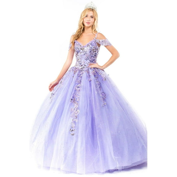 Women's Elizabeth K Sequin Cold Shoulder Ball Gown Gl1969 Lilac Lavender Size 3XL