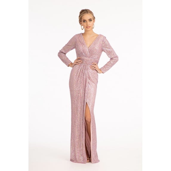Women's Elizabeth K Sequin Long Sleeve Dress Gl3063 Champagne Goldish Beige Size XL