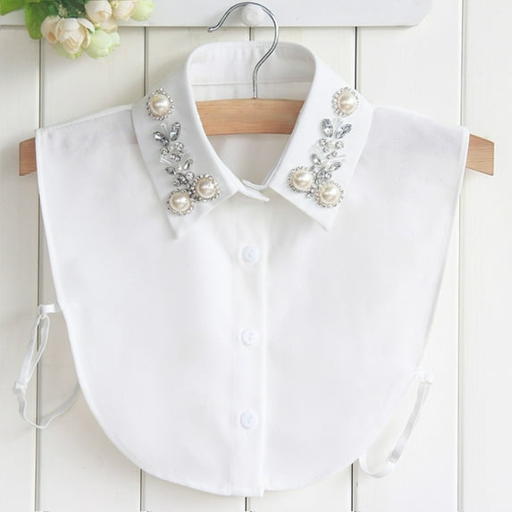 Women's Embellished Detachable False Collar, Pearl and Rhinestone Chiffon Collar, Elegant Wedding Blouse Accessory, Adjustable Mock Neck Piece for Dresses and Sweaters - White