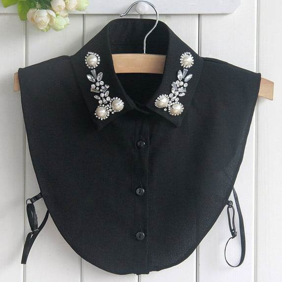 Women's Embellished Detachable False Collar, Pearl and Rhinestone Chiffon Collar, Elegant Wedding Blouse Accessory, Adjustable Mock Neck Piece for Dresses and Sweaters - Black