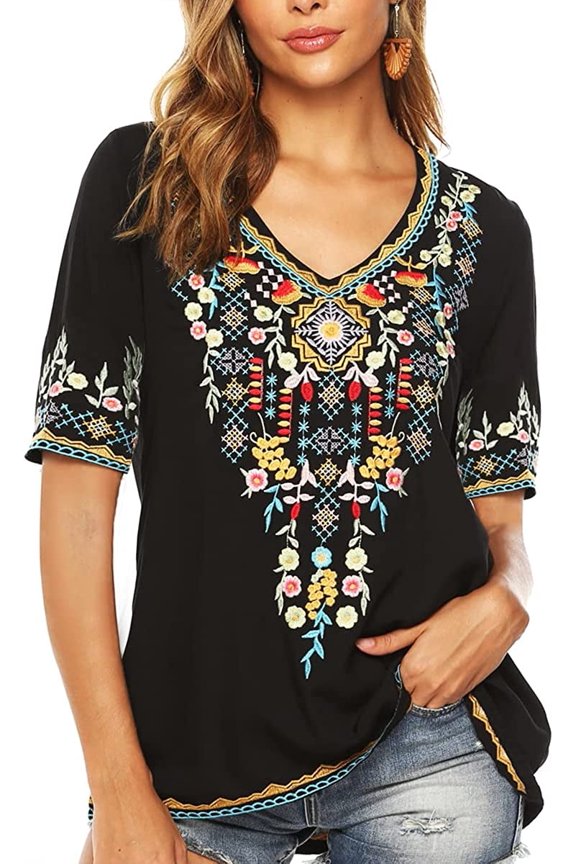 Women’s Emboridered Tops Short Sleeve Blouse Ethnic Style Floral Pattern Shirts Tunics Blouse