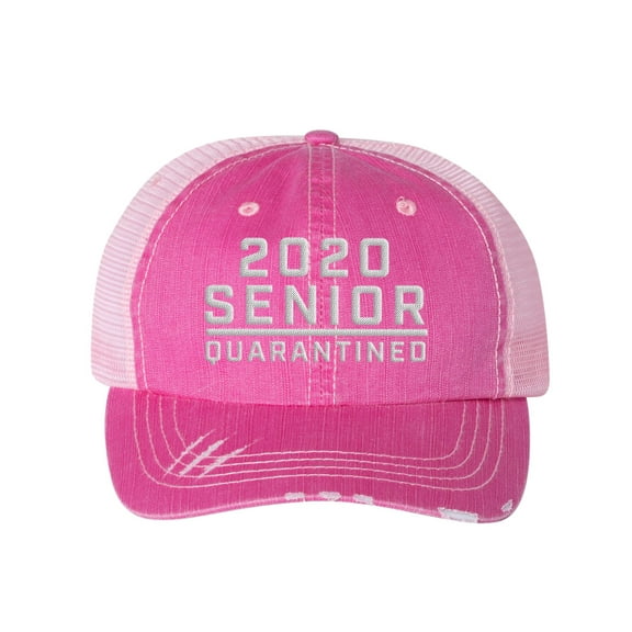 Women's Embroidered 2020 Senior Quarantined Distressed Baseball Cap, Fuchsia/Pink