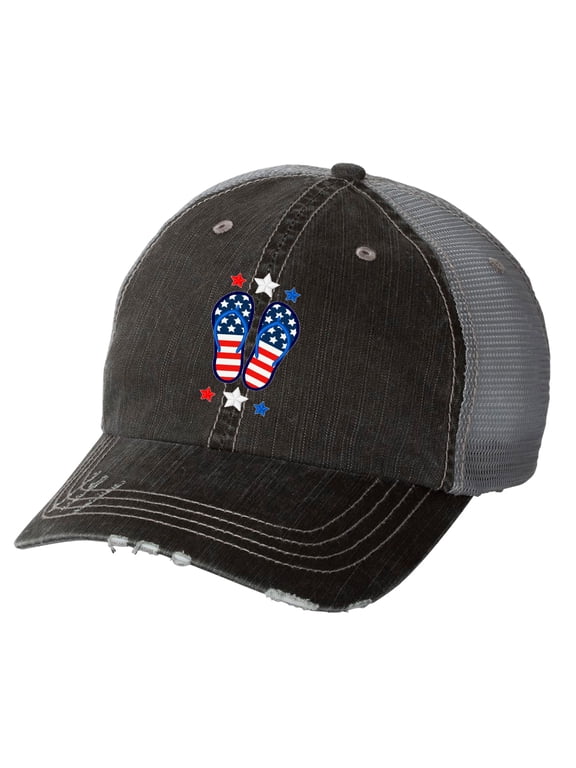 Women's Embroidered American Flag Flip Flops Distressed Baseball Cap, Black/Grey