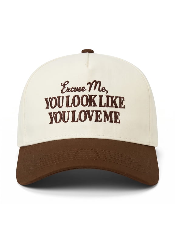 Women's Embroidered Baseball Cap, Excuse Me You Look Like You Love Me Trucker Hat, Flirty Vintage Brown Cotton Cap, Hilarious Gag Gift for Her