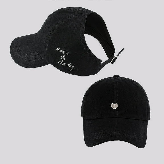 Women's Embroidered Baseball Cap Large Bun Half Hollow Top Soft Cotton Trucker Hat-Black