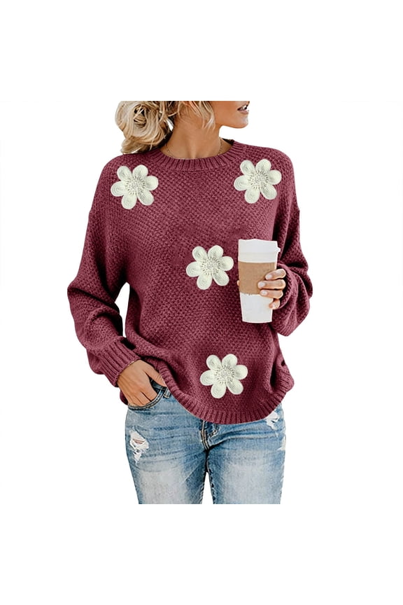 Women's Embroidered Beaded 3D Floral Sweater, Machine Knit Crewneck Pullover, Dimensional Floral Applique Blouse, Elegant Floral Embroidery Top, Holiday Party Sweater for Women Wine S