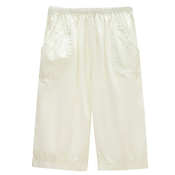 Women's Embroidered Bermuda Shorts High-Rise Knee Length Short Pant with Pockets