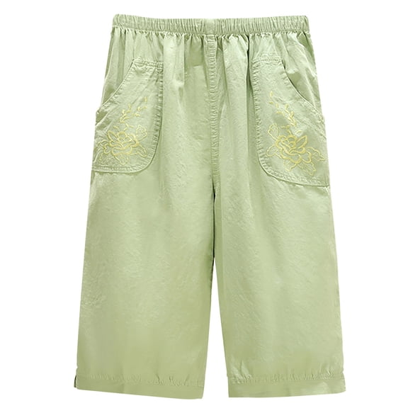 Women's Embroidered Bermuda Shorts High-Rise Knee Length Short Pant with Pockets