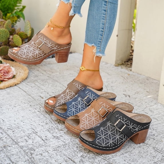 Women's Embroidered Block Heel Mules Open Toe Buckle Strap Casual Chunky Heel Clogs for Women Spring Summer Comfortable Slip On Shoes