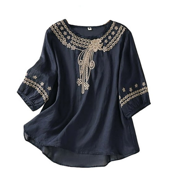 Women's Embroidered Blouse Cotton Linen Lantern Sleeve Peasant Boho Mexican Tunic Top Casual Baggy T Shirts Summer Holiday Shirts